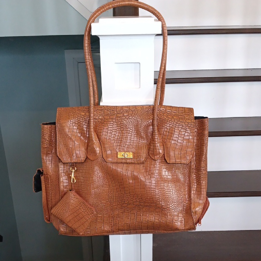 ! Simply Go Brown Crocodile-Embossed Tote Travel Bag